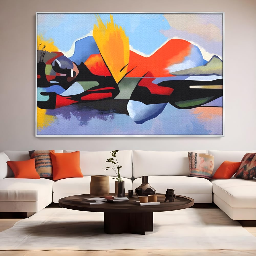 Tablou canvas cu tablou canvas cu silueta abstracta, in rama de aluminiu argintiu, pe perete intr-un living